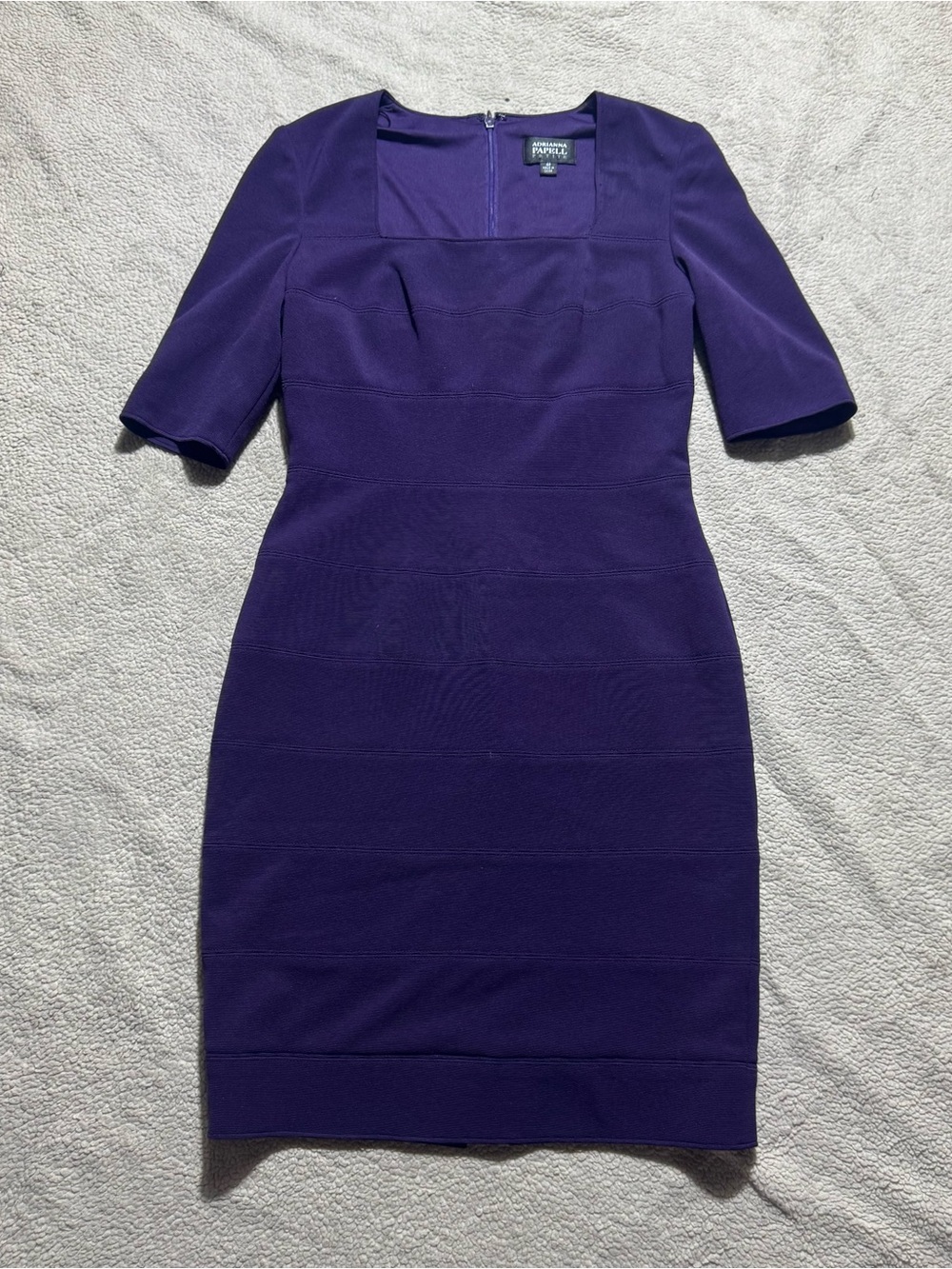 Adrianna Papell Dress Womens 4P Petite Purple Square Neck 1/2 Sleeve Back Zip